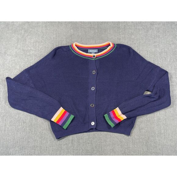 ModCloth Cardigan Womens S Navy Rainbow Trim Button Front Cropped Sweater Casual - Picture 1 of 8